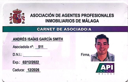 Carnet de agente colegiado de Andrés García Smith en la API de Málaga